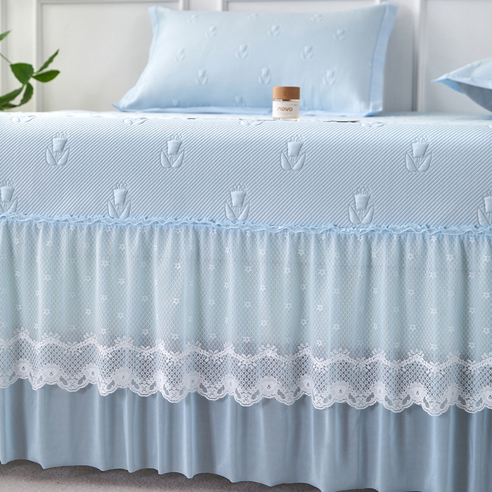 91家纺网 家纺一手货源 找家纺 瑞禾家纺 2026新款A类凉感豆豆床裙款凉席三件套-系列七 冰蓝郁金香