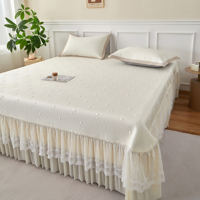 91家纺网 家纺一手货源 找家纺 瑞禾家纺 2026新款A类凉感豆豆床裙款凉席三件套-系列七 奶白郁金香