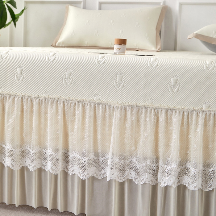 91家纺网 家纺一手货源 找家纺 瑞禾家纺 2026新款A类凉感豆豆床裙款凉席三件套-系列七 奶白郁金香