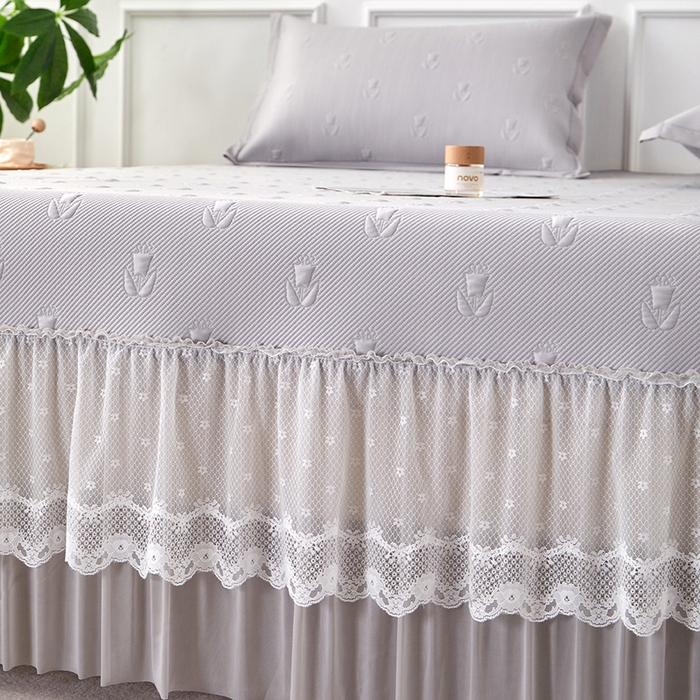 91家纺网 家纺一手货源 找家纺 瑞禾家纺 2026新款A类凉感豆豆床裙款凉席三件套-系列七 雾灰郁金香