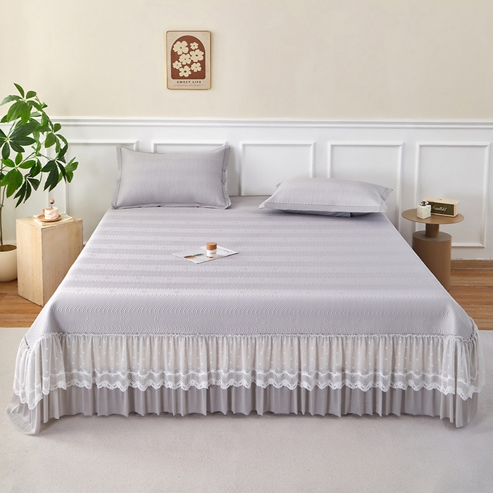 瑞禾家纺 2026新款A类凉感豆豆床裙款凉席三件套-系列七 烟灰织浪