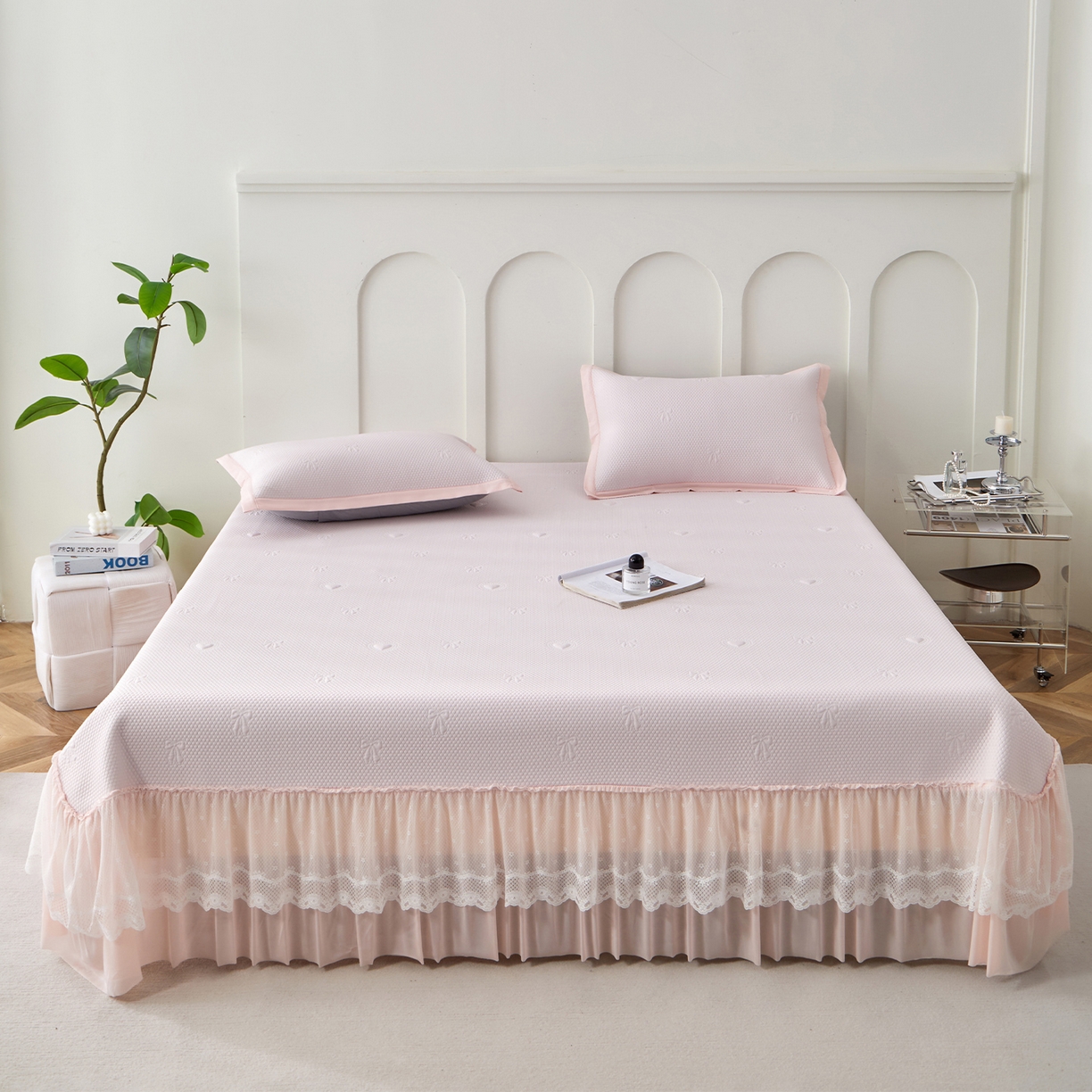 瑞禾家纺 2026新款A类凉感豆豆床裙款凉席三件套-系列七 浅粉爱心蝴蝶结