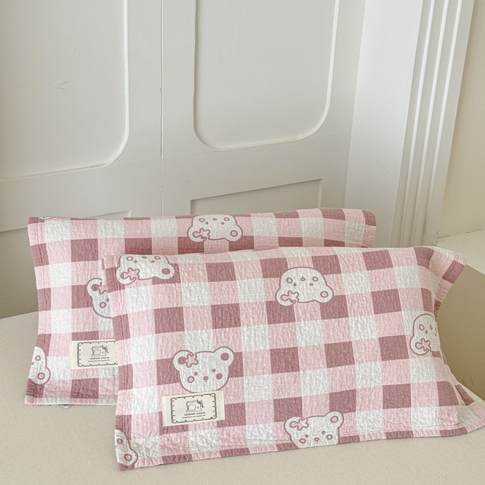 乐家毛巾被（工厂自产自销） 2026新款精梳安心棉全棉纯棉色织提花枕巾单枕巾枕巾单件 格子小熊枕巾