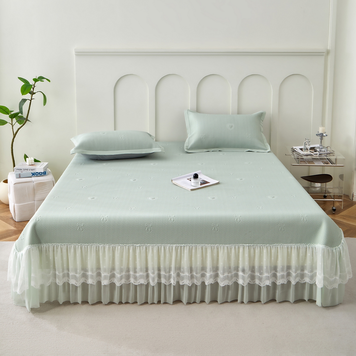 瑞禾家纺 2026新款A类凉感豆豆床裙款凉席三件套-系列七 青柠爱心蝴蝶结