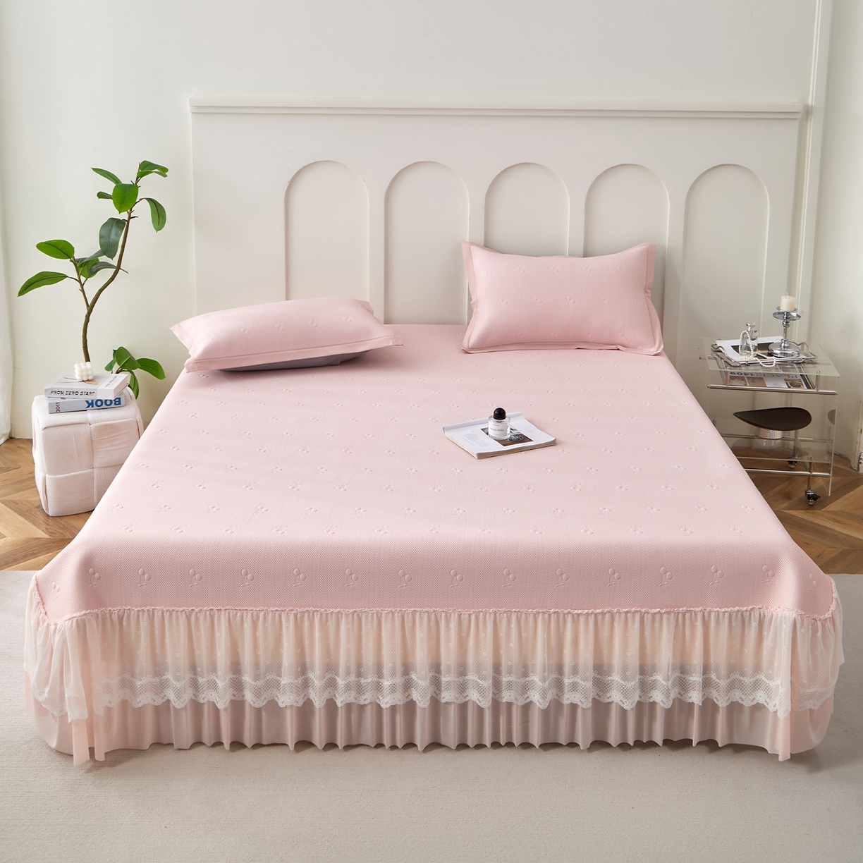 瑞禾家纺 2026新款A类凉感豆豆床裙款凉席三件套-系列七 胭粉小樱桃