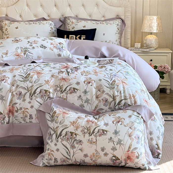 91家纺网 家纺一手货源 找家纺 蓝米卡夫 2026夏季新款60S天丝提花数码印花四件套（礼盒包装） 春之语-紫