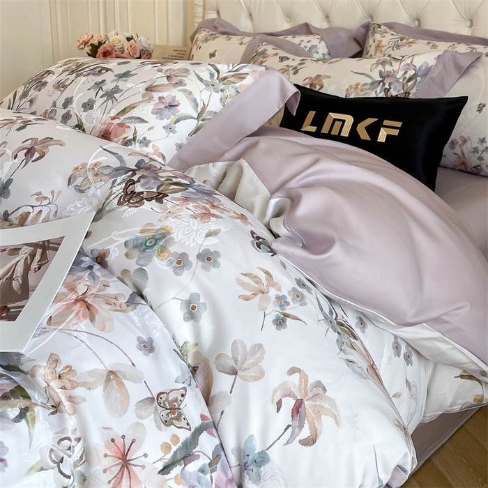 91家纺网 家纺一手货源 找家纺 蓝米卡夫 2026夏季新款60S天丝提花数码印花四件套（礼盒包装） 春之语-紫