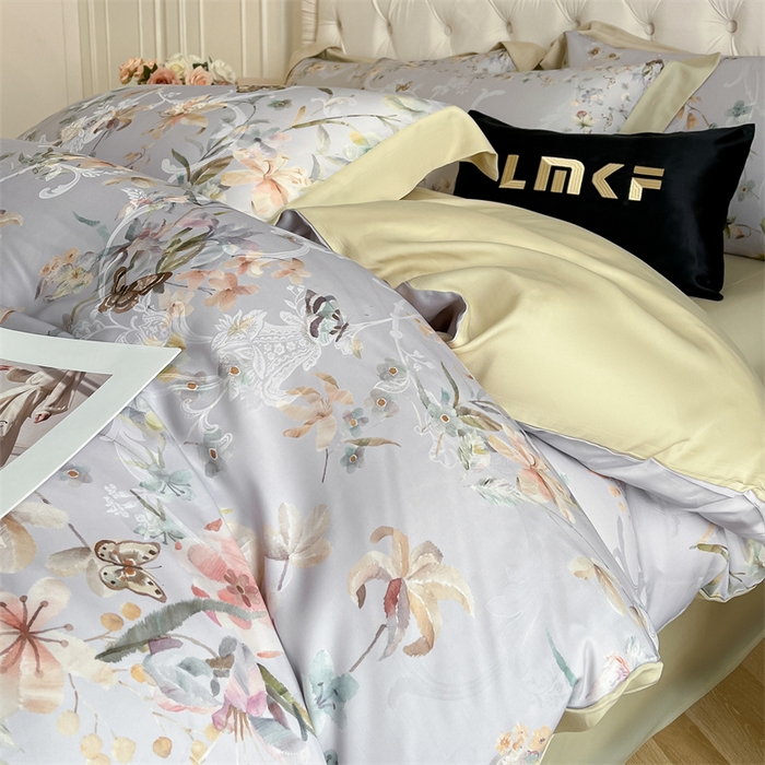 91家纺网 家纺一手货源 找家纺 蓝米卡夫 2026夏季新款60S天丝提花数码印花四件套（礼盒包装） 春之语-米