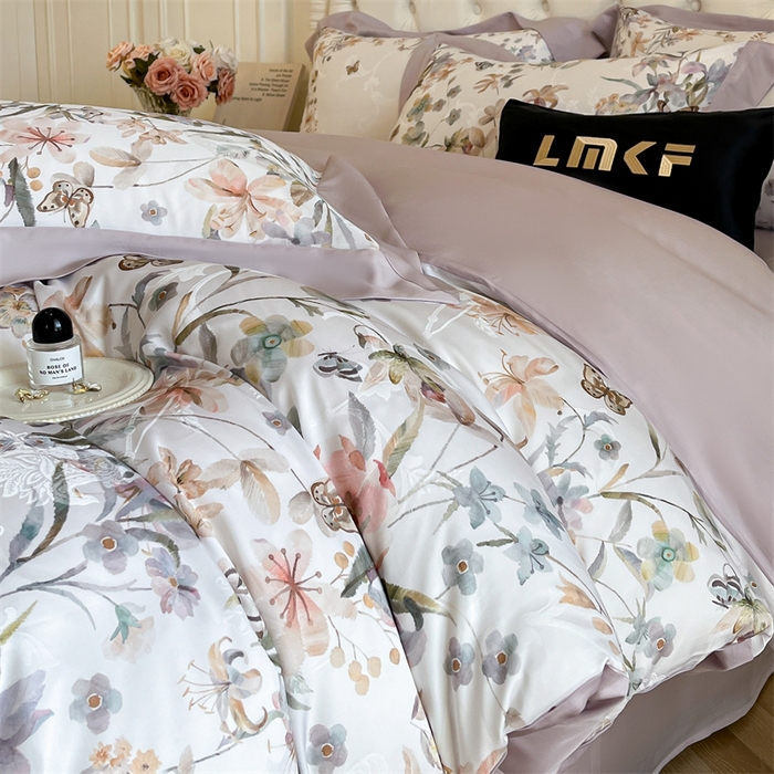 蓝米卡夫 2026夏季新款60S天丝提花数码印花四件套（礼盒包装） 春之语-紫