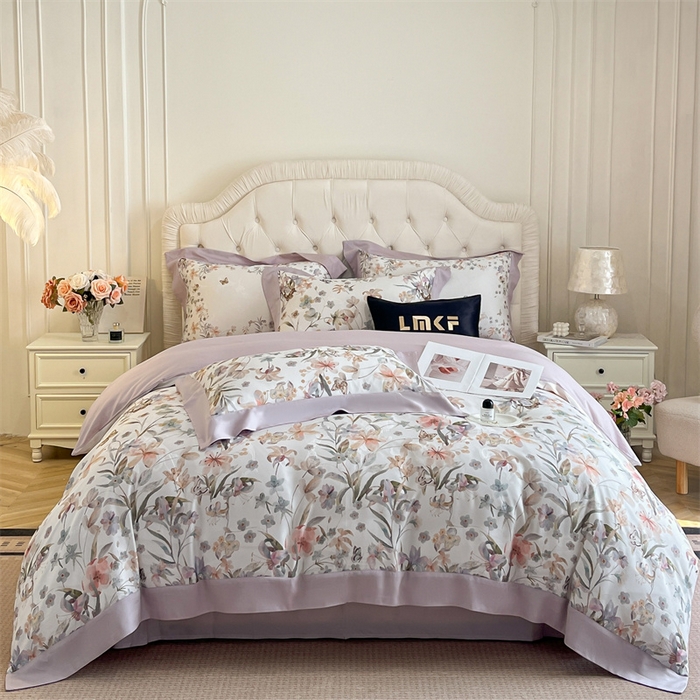 91家纺网 家纺一手货源 找家纺 蓝米卡夫 2026夏季新款60S天丝提花数码印花四件套（礼盒包装） 春之语-紫