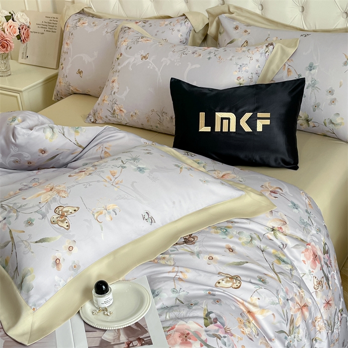 91家纺网 家纺一手货源 找家纺 蓝米卡夫 2026夏季新款60S天丝提花数码印花四件套（礼盒包装） 春之语-米