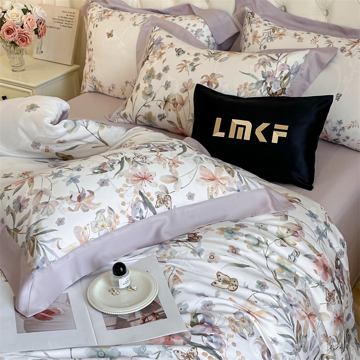 91家纺网 家纺一手货源 找家纺 蓝米卡夫 2026夏季新款60S天丝提花数码印花四件套（礼盒包装） 春之语-紫