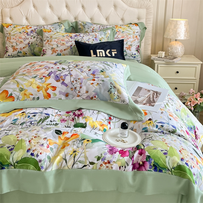 91家纺网 家纺一手货源 找家纺 蓝米卡夫 2026夏季新款60S天丝提花数码印花四件套（礼盒包装） 夏之初