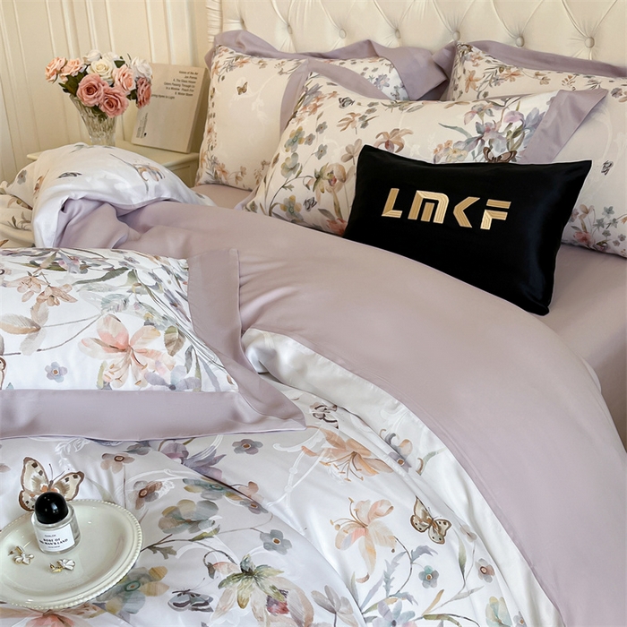 91家纺网 家纺一手货源 找家纺 蓝米卡夫 2026夏季新款60S天丝提花数码印花四件套（礼盒包装） 春之语-紫