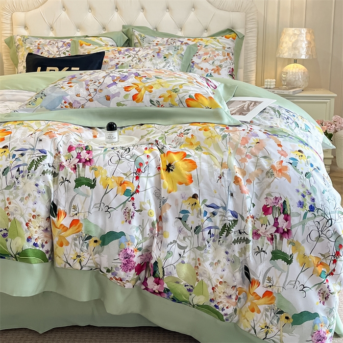 91家纺网 家纺一手货源 找家纺 蓝米卡夫 2026夏季新款60S天丝提花数码印花四件套（礼盒包装） 夏之初