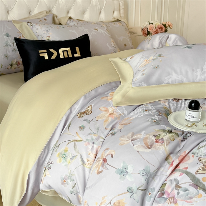 91家纺网 家纺一手货源 找家纺 蓝米卡夫 2026夏季新款60S天丝提花数码印花四件套（礼盒包装） 春之语-米