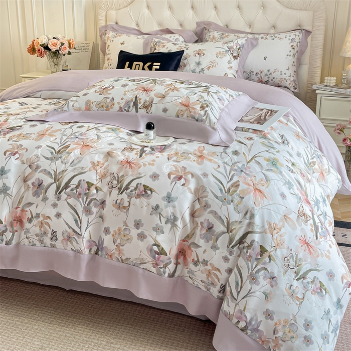 91家纺网 家纺一手货源 找家纺 蓝米卡夫 2026夏季新款60S天丝提花数码印花四件套（礼盒包装） 春之语-紫