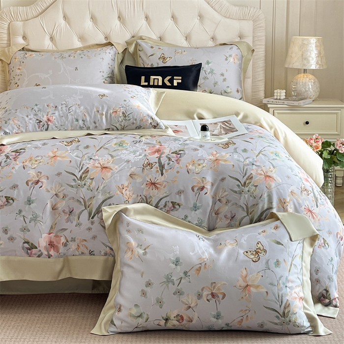 91家纺网 家纺一手货源 找家纺 蓝米卡夫 2026夏季新款60S天丝提花数码印花四件套（礼盒包装） 春之语-米