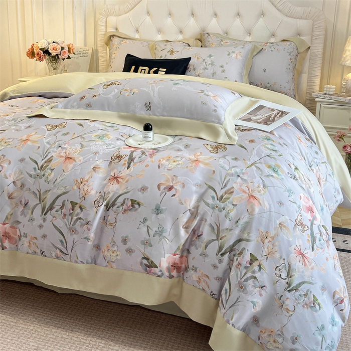 91家纺网 家纺一手货源 找家纺 蓝米卡夫 2026夏季新款60S天丝提花数码印花四件套（礼盒包装） 春之语-米