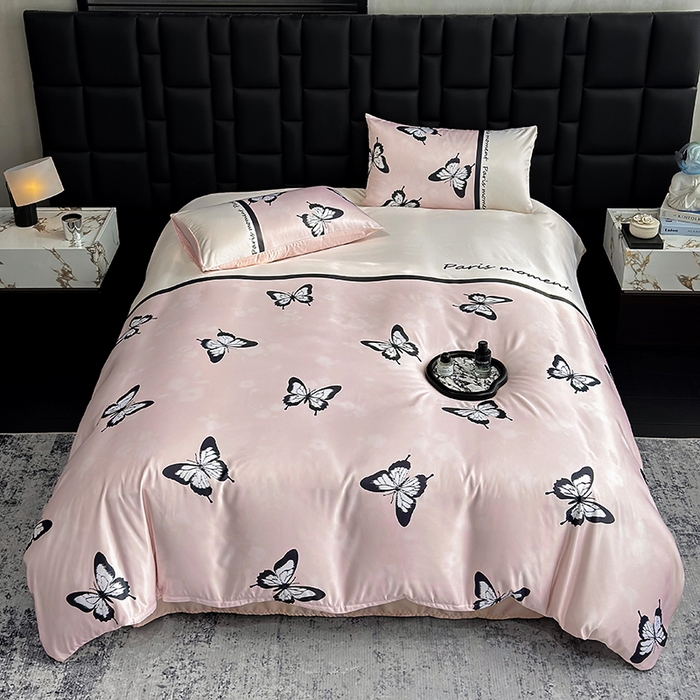 91家纺网 家纺一手货源 找家纺 奥汀洛家纺 2026新款轻奢数码印花冰丝四件套 彩蝶粉玉