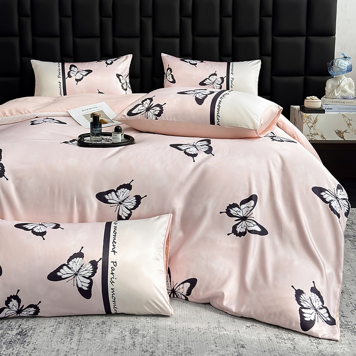 91家纺网 家纺一手货源 找家纺 奥汀洛家纺 2026新款轻奢数码印花冰丝四件套 彩蝶粉玉