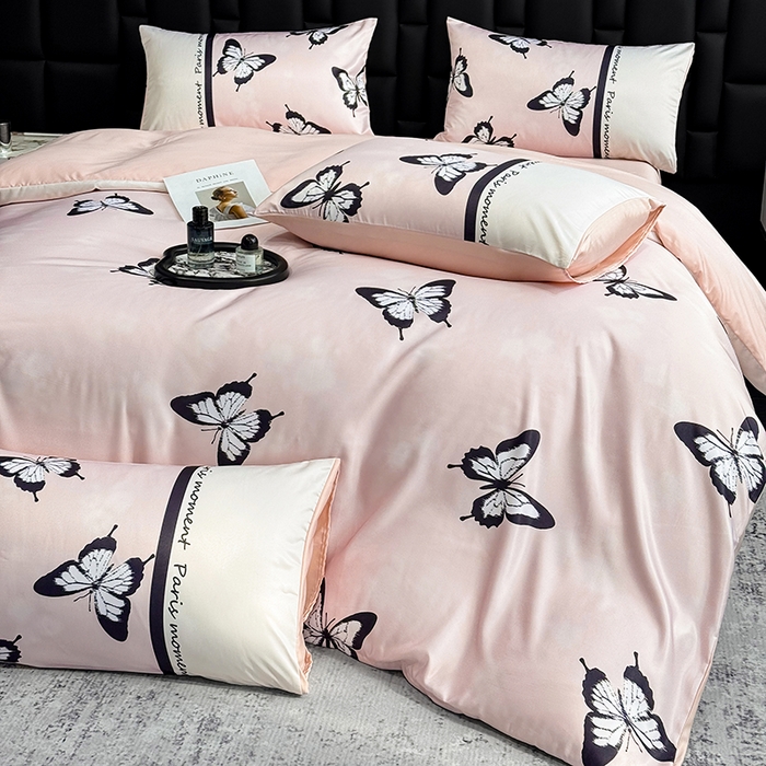 91家纺网 家纺一手货源 找家纺 奥汀洛家纺 2026新款轻奢数码印花冰丝四件套 彩蝶粉玉