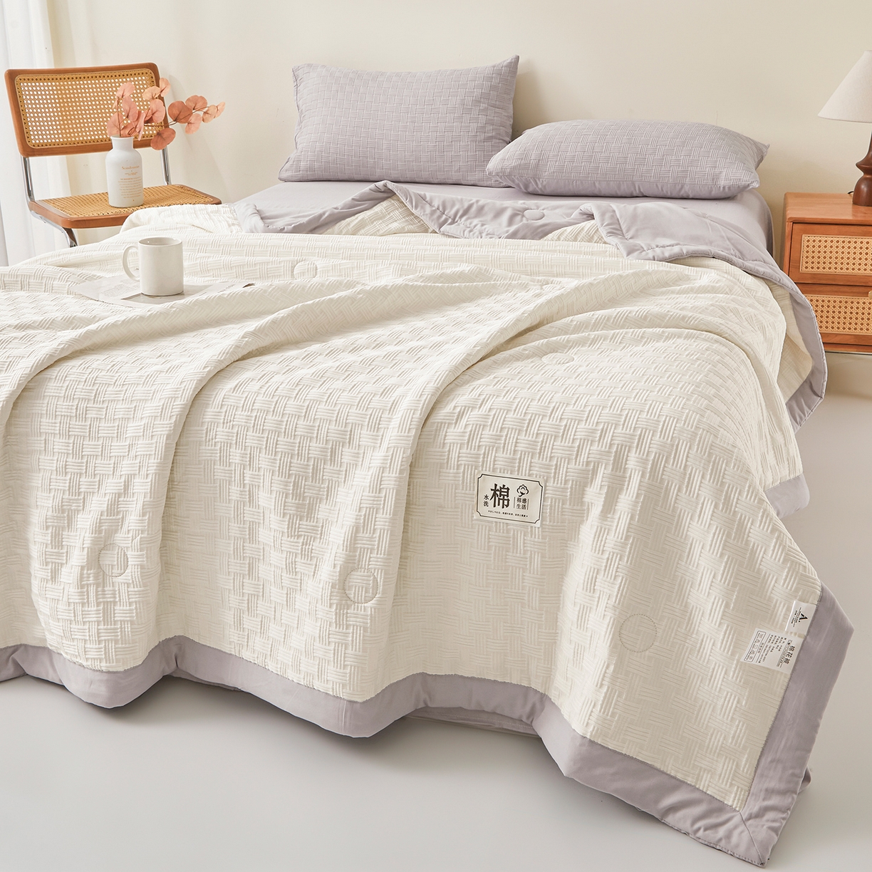 91家纺网 家纺一手货源 找家纺 好睡棉 2026新款华夫格双拼夏被夏凉被空调被新疆棉花被子 白拼灰