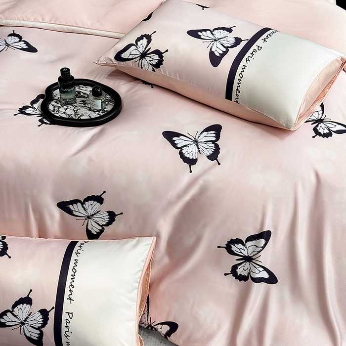 91家纺网 家纺一手货源 找家纺 奥汀洛家纺 2026新款轻奢数码印花冰丝四件套 彩蝶粉玉