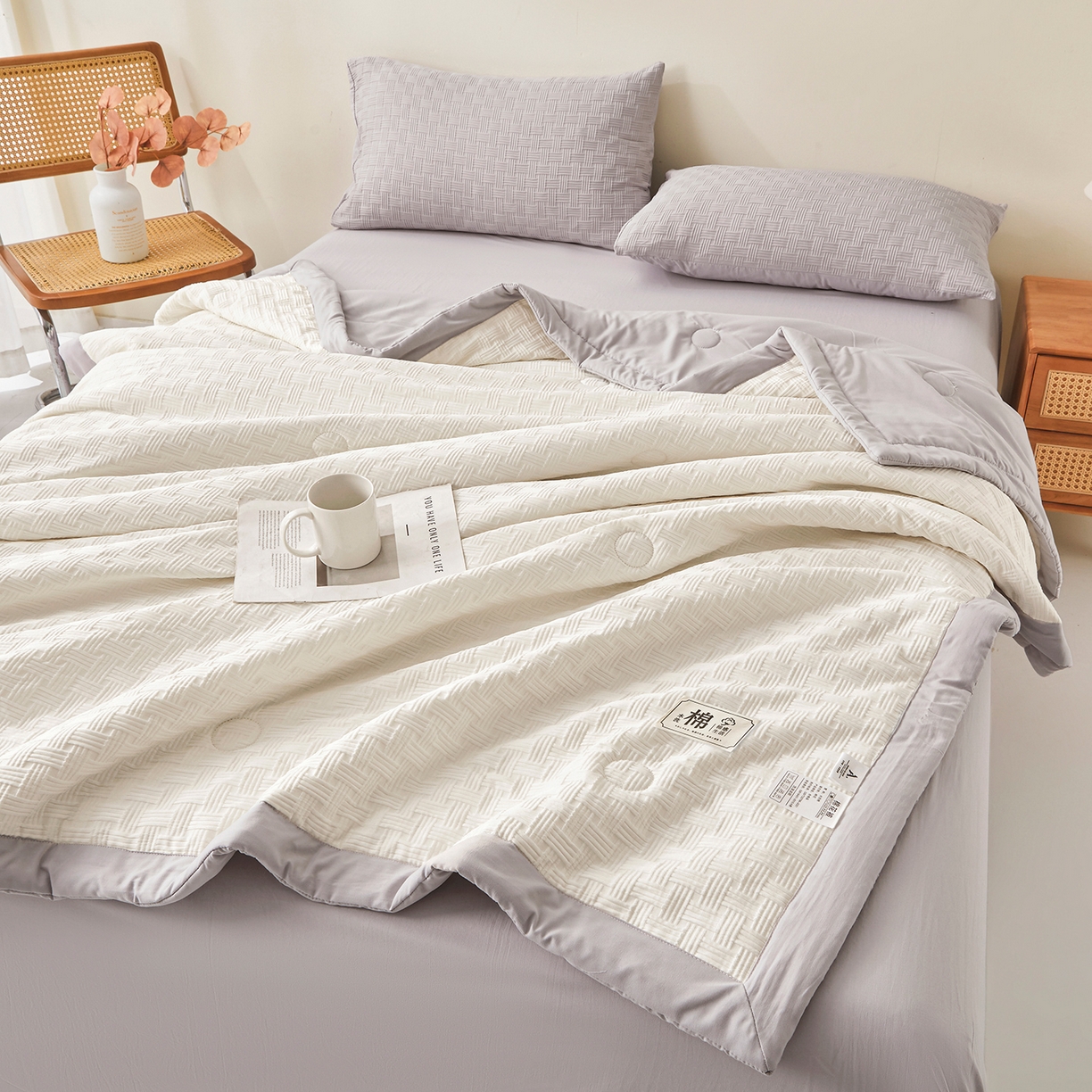 91家纺网 家纺一手货源 找家纺 好睡棉 2026新款华夫格双拼夏被夏凉被空调被新疆棉花被子 白拼灰