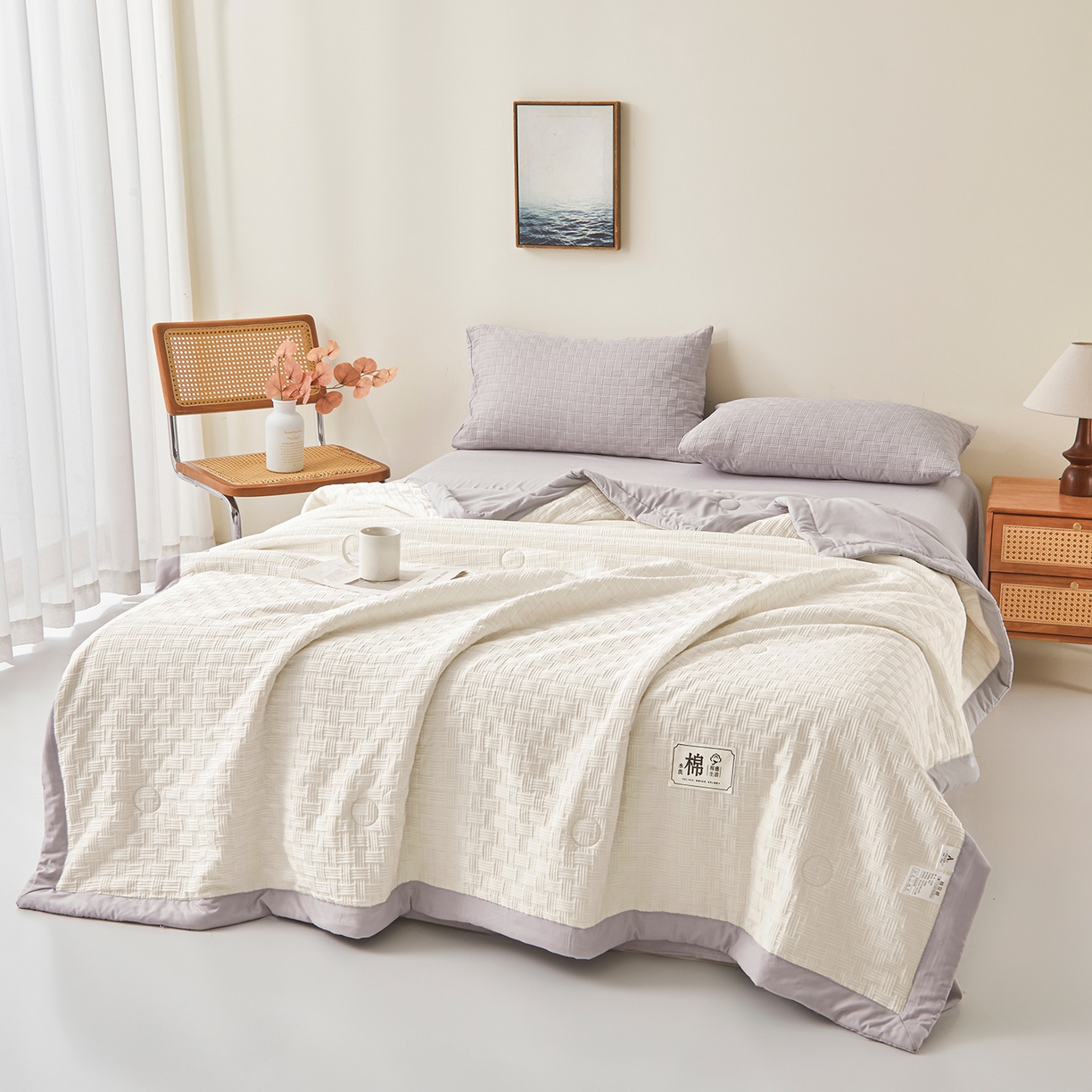 91家纺网 家纺一手货源 找家纺 好睡棉 2026新款华夫格双拼夏被夏凉被空调被新疆棉花被子 白拼灰