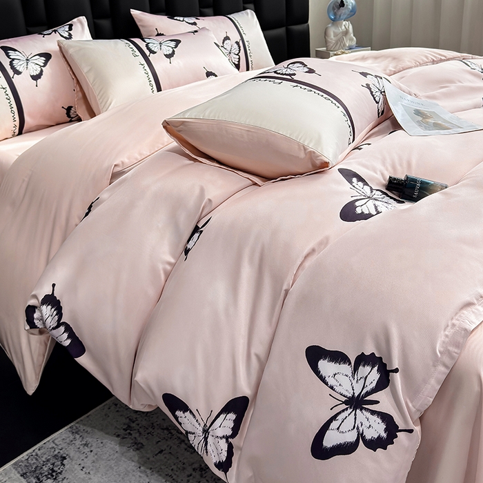 91家纺网 家纺一手货源 找家纺 奥汀洛家纺 2026新款轻奢数码印花冰丝四件套 彩蝶粉玉