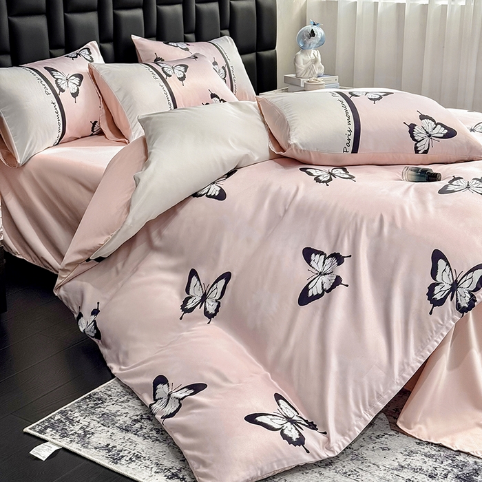 91家纺网 家纺一手货源 找家纺 奥汀洛家纺 2026新款轻奢数码印花冰丝四件套 彩蝶粉玉