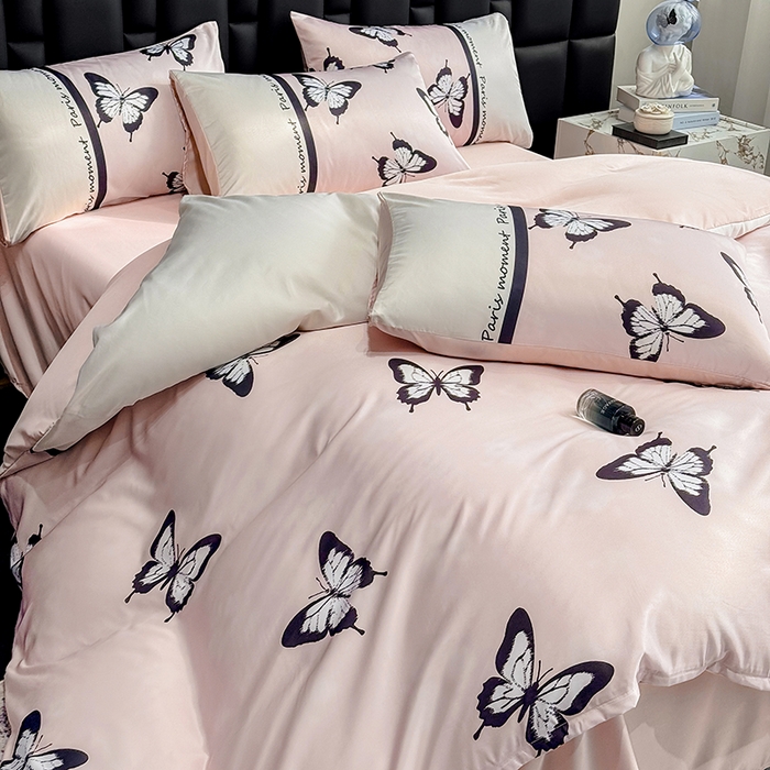 91家纺网 家纺一手货源 找家纺 奥汀洛家纺 2026新款轻奢数码印花冰丝四件套 彩蝶粉玉