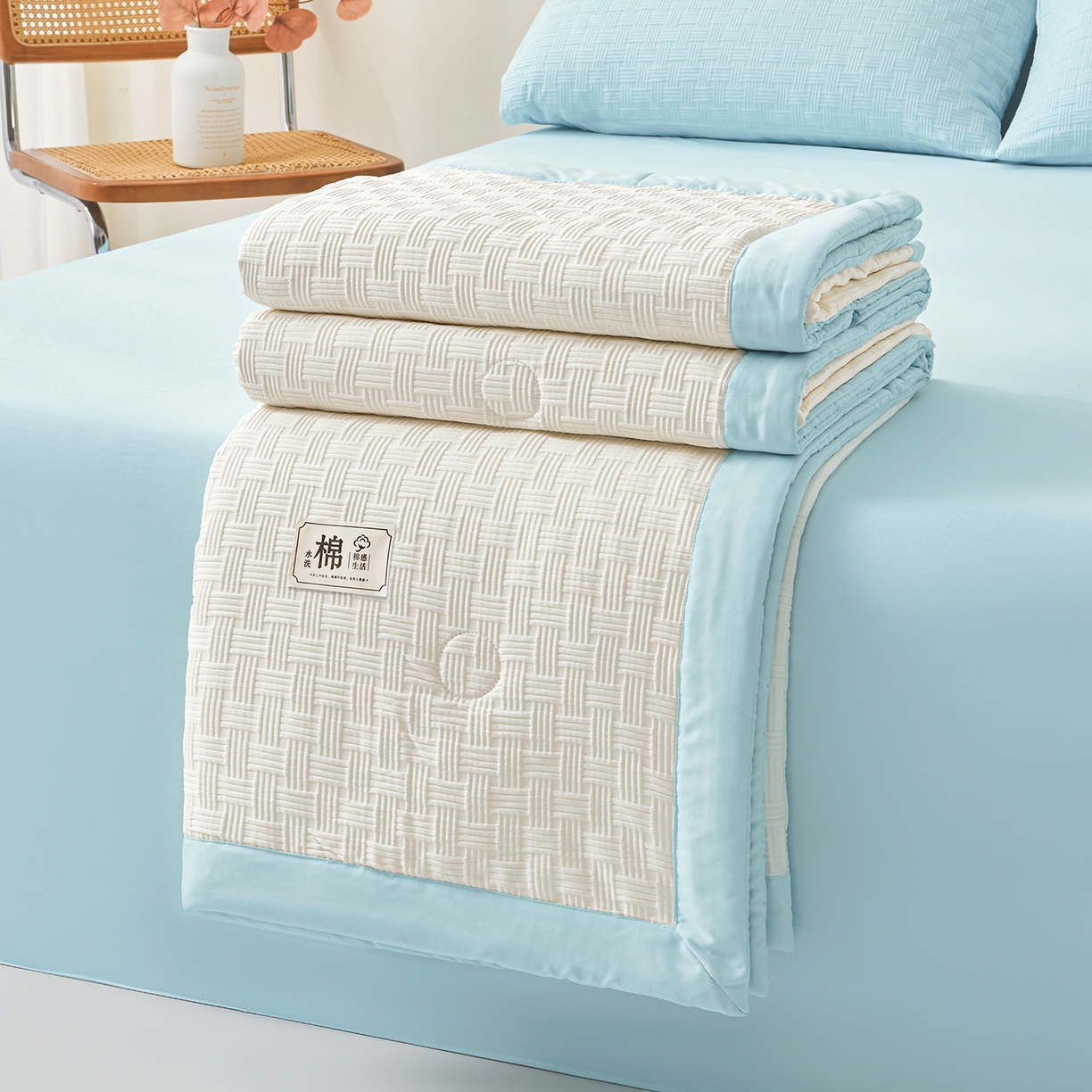 91家纺网 家纺一手货源 找家纺 好睡棉 2026新款华夫格双拼夏被夏凉被空调被新疆棉花被子 白拼蓝