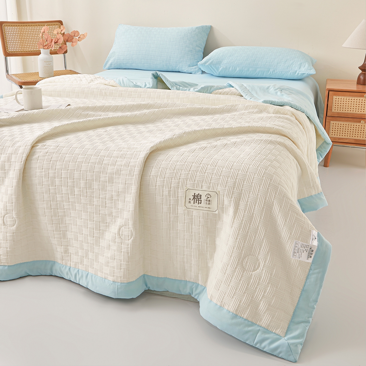 91家纺网 家纺一手货源 找家纺 好睡棉 2026新款华夫格双拼夏被夏凉被空调被新疆棉花被子 白拼蓝