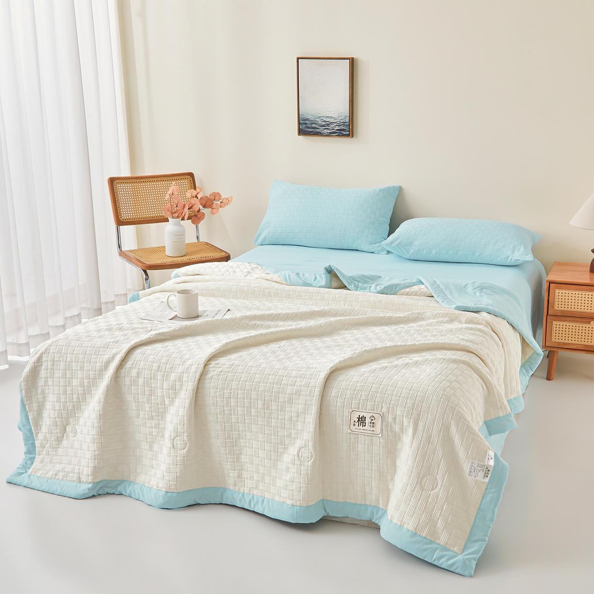 91家纺网 家纺一手货源 找家纺 好睡棉 2026新款华夫格双拼夏被夏凉被空调被新疆棉花被子 白拼蓝