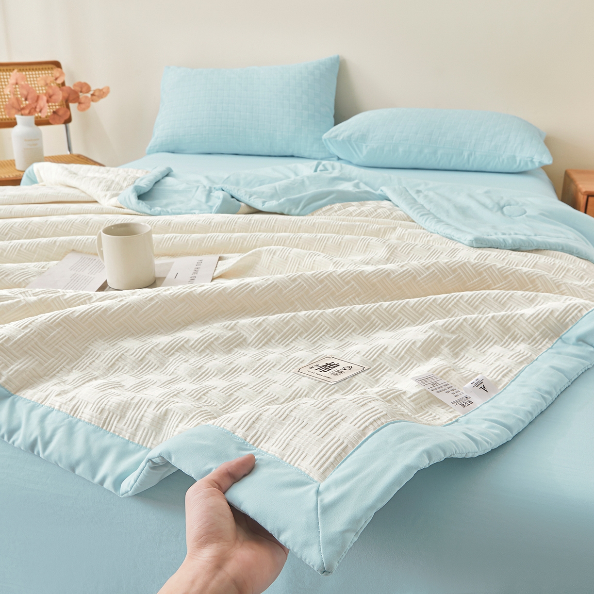 91家纺网 家纺一手货源 找家纺 好睡棉 2026新款华夫格双拼夏被夏凉被空调被新疆棉花被子 白拼蓝