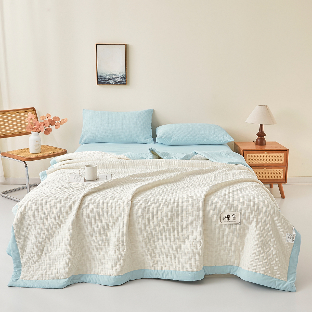 91家纺网 家纺一手货源 找家纺 好睡棉 2026新款华夫格双拼夏被夏凉被空调被新疆棉花被子 白拼蓝