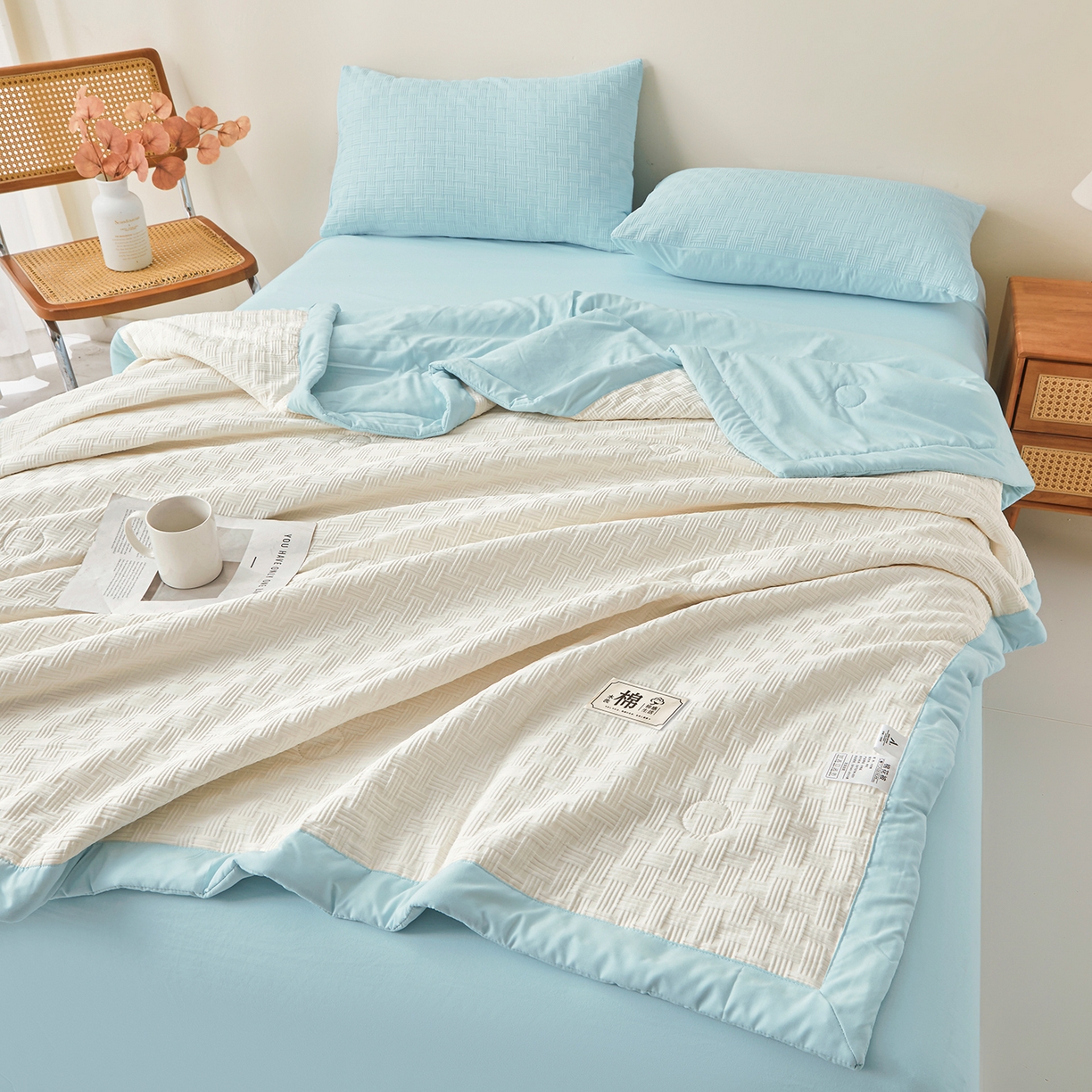 91家纺网 家纺一手货源 找家纺 好睡棉 2026新款华夫格双拼夏被夏凉被空调被新疆棉花被子 白拼蓝