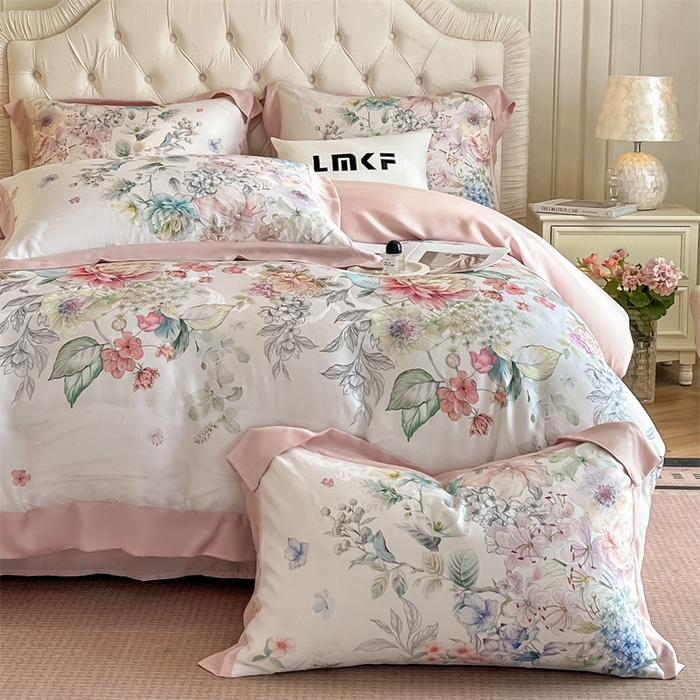 91家纺网 家纺一手货源 找家纺 蓝米卡夫 2026夏季新款60S天丝提花数码印花四件套（礼盒包装） 花海秘境-粉