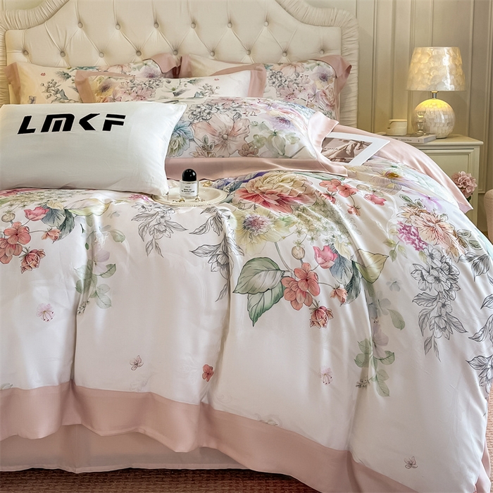 91家纺网 家纺一手货源 找家纺 蓝米卡夫 2026夏季新款60S天丝提花数码印花四件套（礼盒包装） 花海秘境-粉