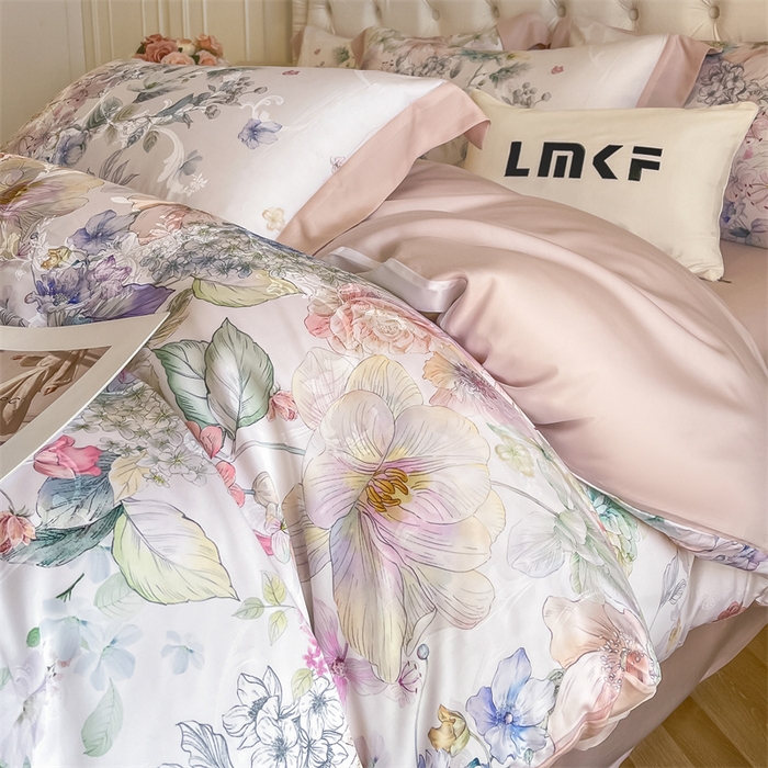 91家纺网 家纺一手货源 找家纺 蓝米卡夫 2026夏季新款60S天丝提花数码印花四件套（礼盒包装） 花海秘境-粉