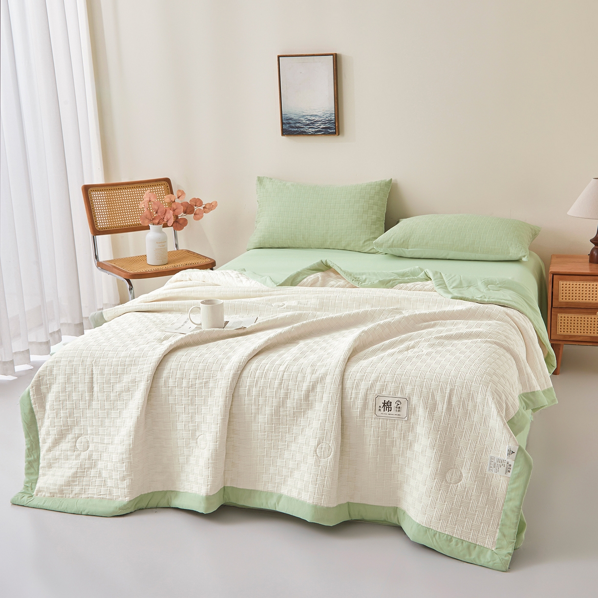 91家纺网 家纺一手货源 找家纺 好睡棉 2026新款华夫格双拼夏被夏凉被空调被新疆棉花被子 白拼绿