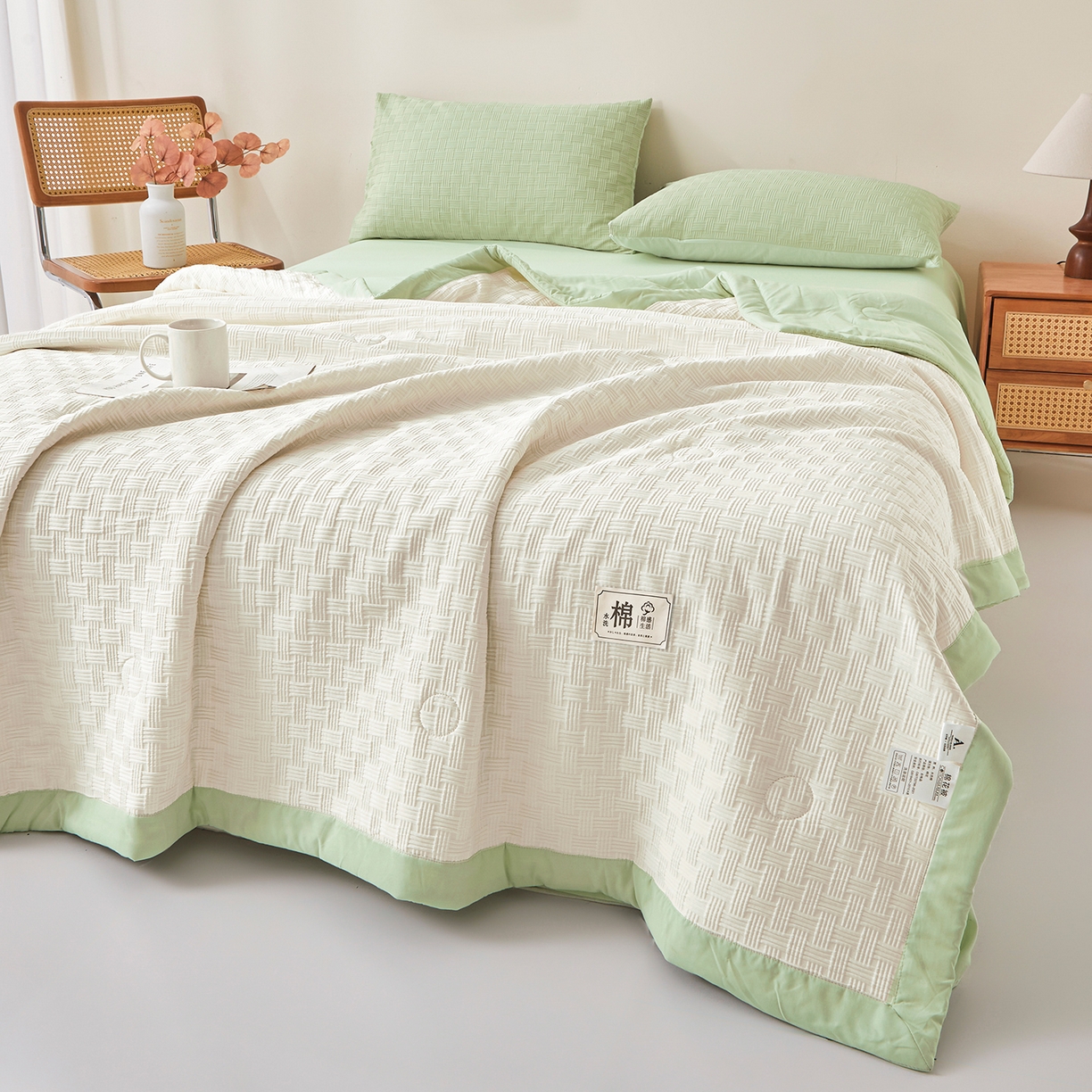 91家纺网 家纺一手货源 找家纺 好睡棉 2026新款华夫格双拼夏被夏凉被空调被新疆棉花被子 白拼绿