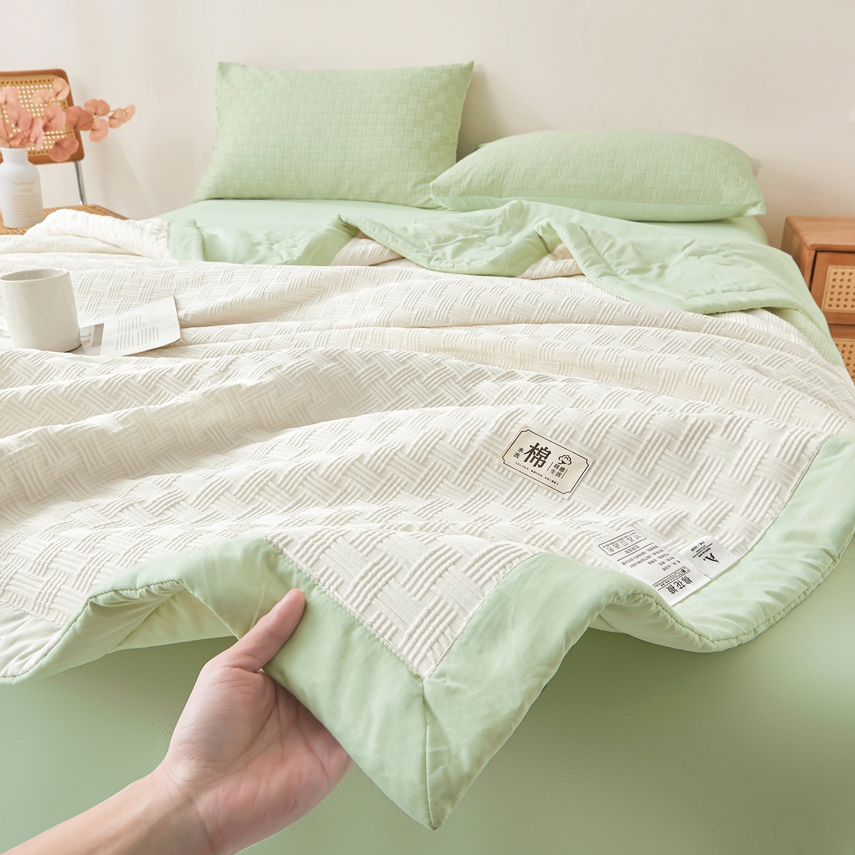 91家纺网 家纺一手货源 找家纺 好睡棉 2026新款华夫格双拼夏被夏凉被空调被新疆棉花被子 白拼绿