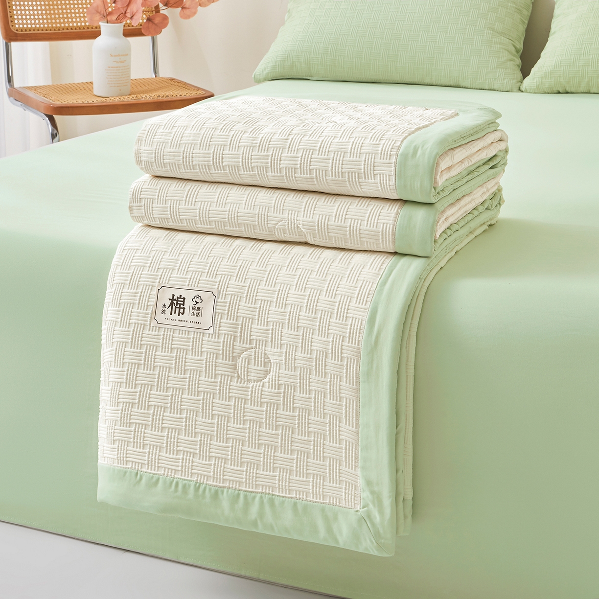 91家纺网 家纺一手货源 找家纺 好睡棉 2026新款华夫格双拼夏被夏凉被空调被新疆棉花被子 白拼绿