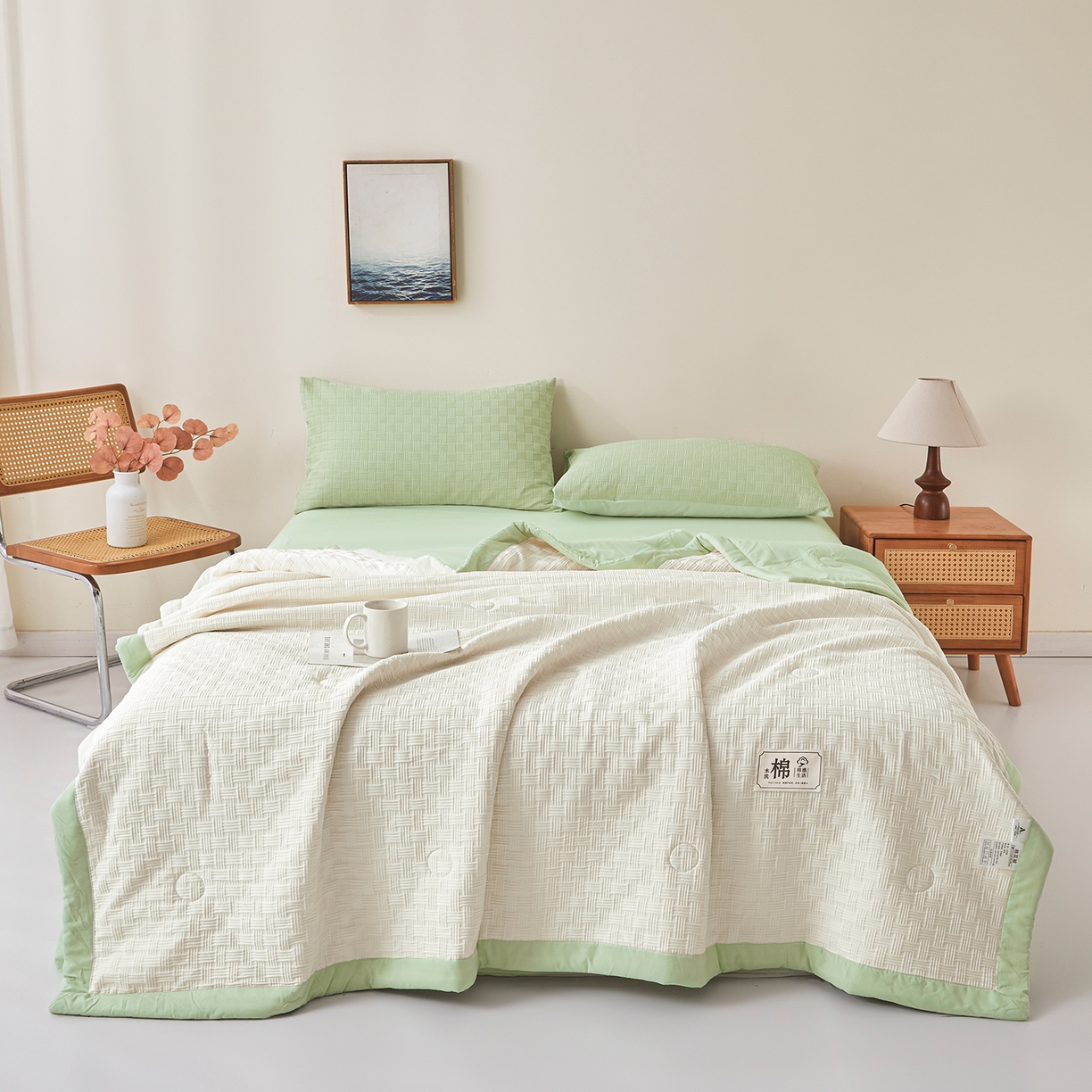 91家纺网 家纺一手货源 找家纺 好睡棉 2026新款华夫格双拼夏被夏凉被空调被新疆棉花被子 白拼绿