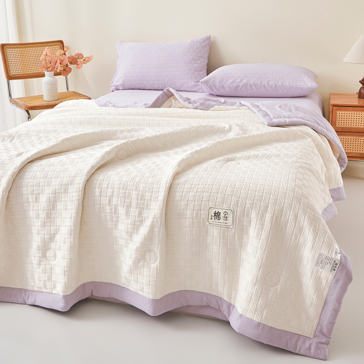 91家纺网 家纺一手货源 找家纺 好睡棉 2026新款华夫格双拼夏被夏凉被空调被新疆棉花被子 白拼紫