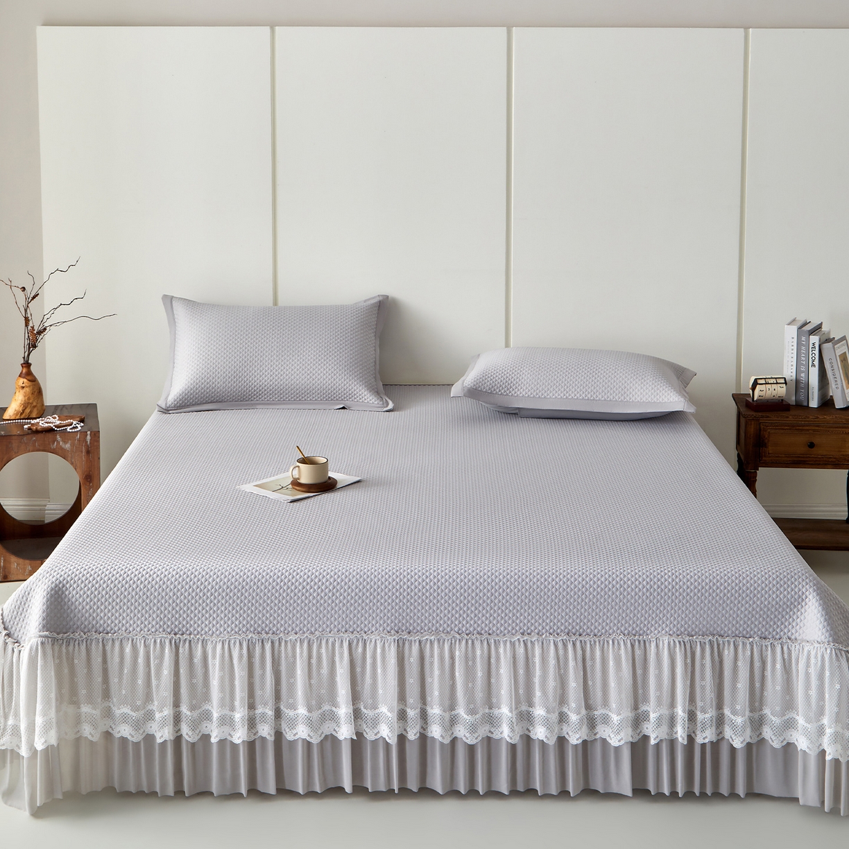 瑞禾家纺 2026新款A类凉感豆豆床裙款凉席三件套-系列七 烟灰网影