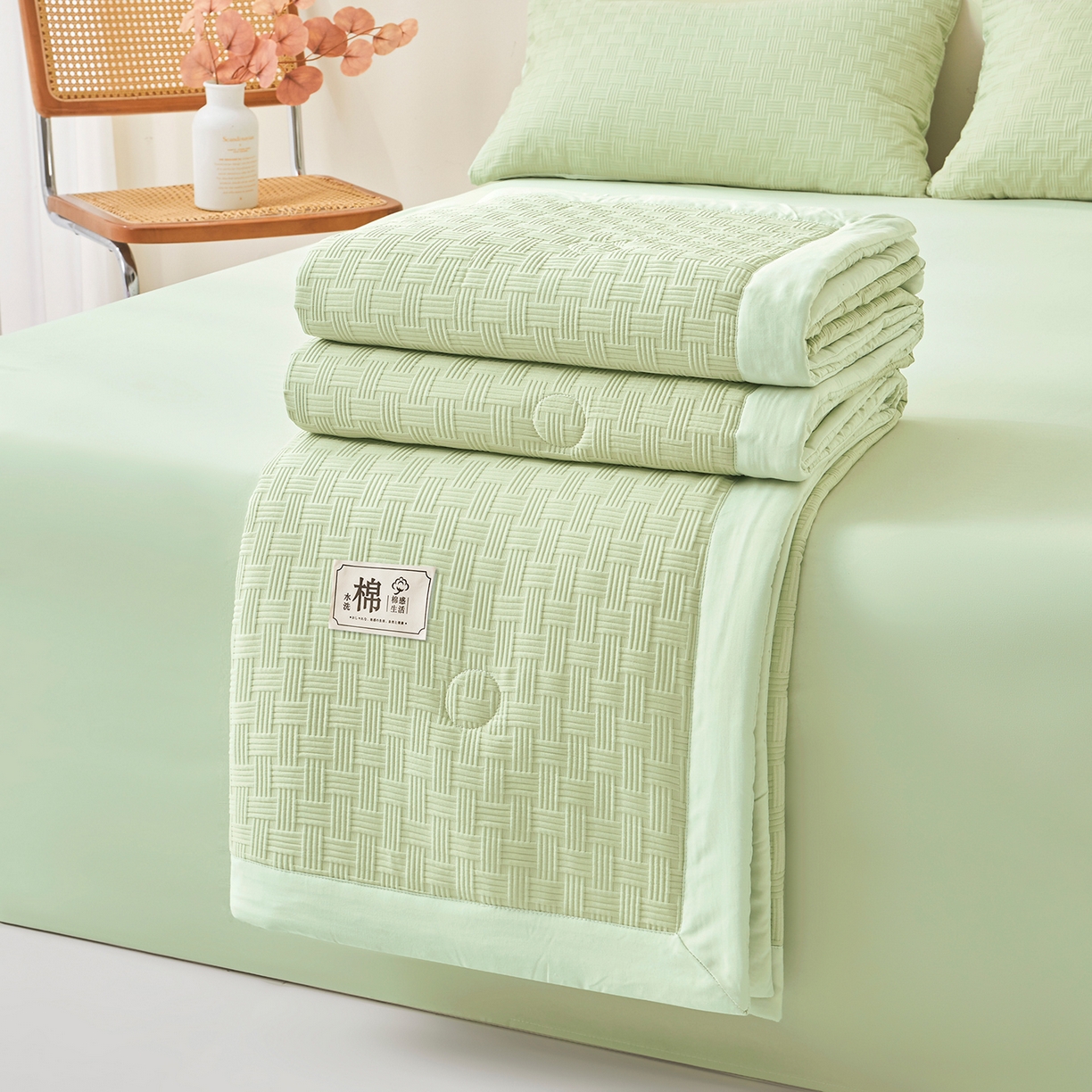 91家纺网 家纺一手货源 找家纺 好睡棉 2026新款华夫格双拼夏被夏凉被空调被新疆棉花被子 薄荷绿